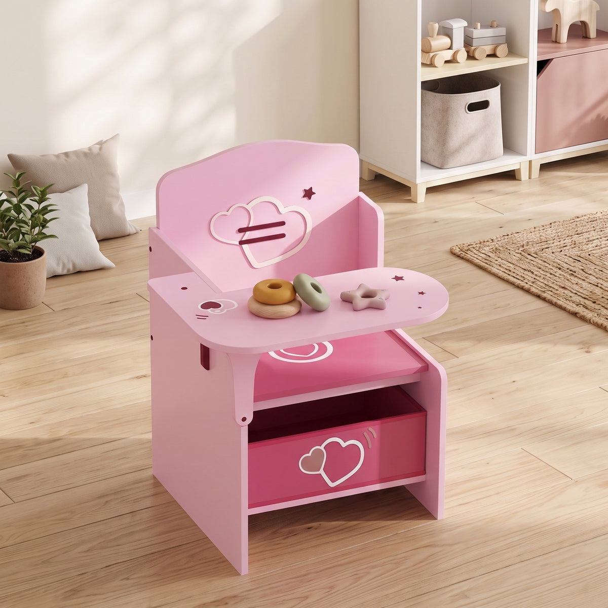 AIYAPLAY Children's Table and Chair Set for 3-5 Years Old in MDF Wood with Heart Patterns, Integrated Storage, Pink