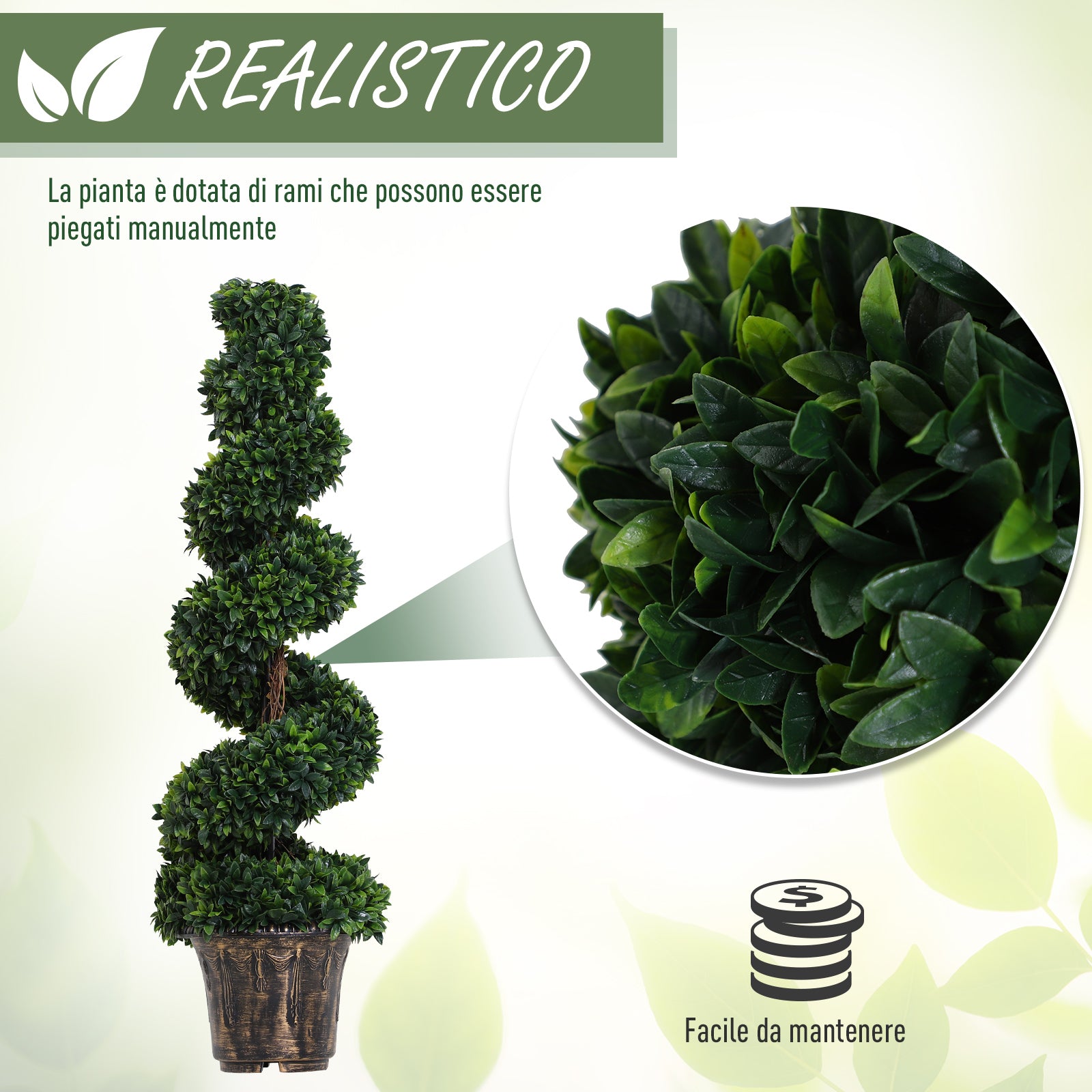 Outsunny 120cm Artificial Boxwood Spiral Indoor Plant, Indoor and Outdoor Artificial Plant with Pot Included, Fake Plant for Home, Office, Living Room, Garden Decoration, Green
