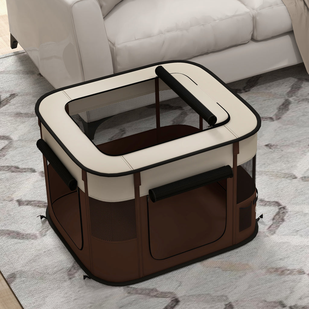 PawHut Pet Playpen with 6 Windows, 3 Doors and 2 Storage Bags, Polyester and Steel, 74x60x45 cm, Brown