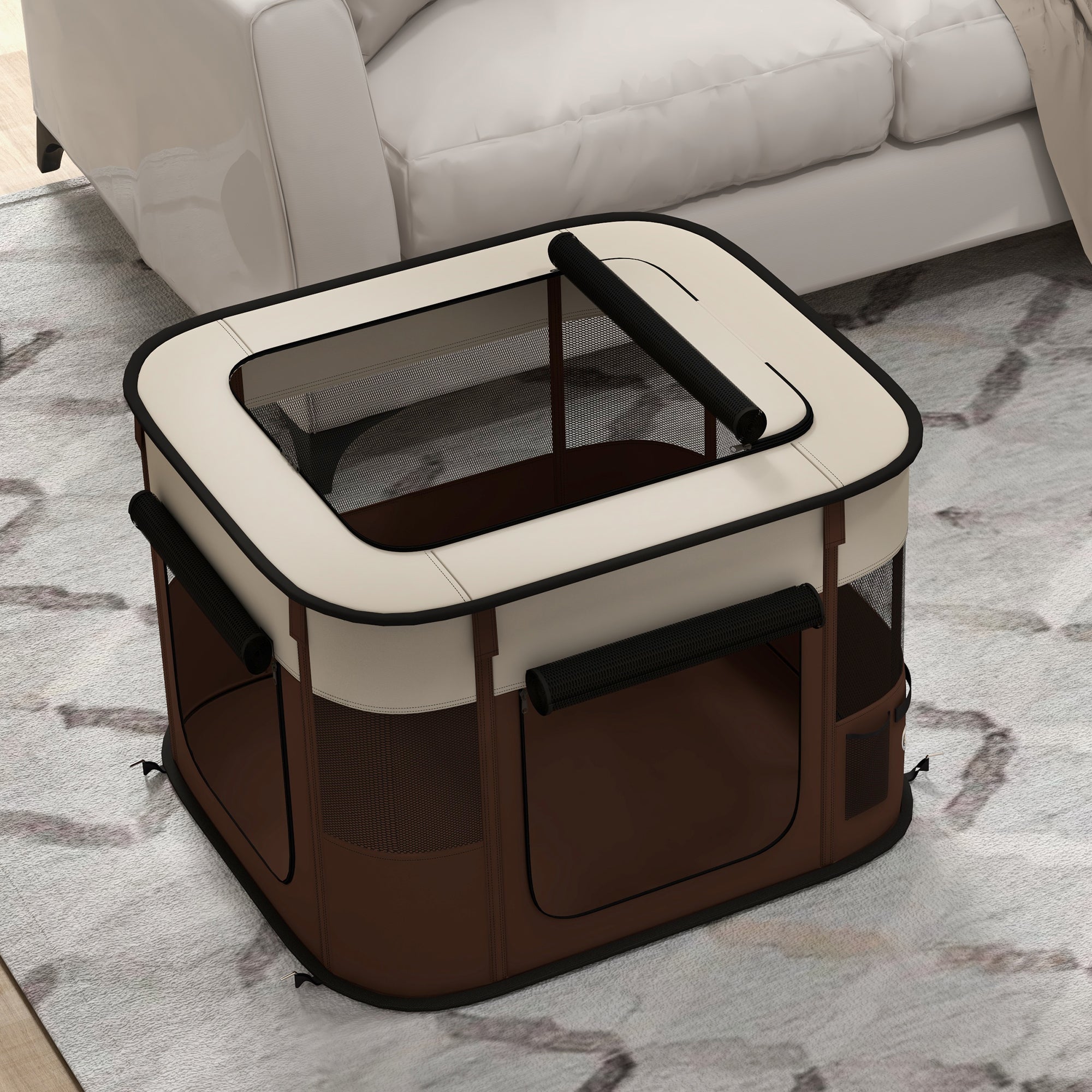 PawHut Pet Playpen with 6 Windows, 3 Doors and 2 Storage Bags, Polyester and Steel, 74x60x45 cm, Brown