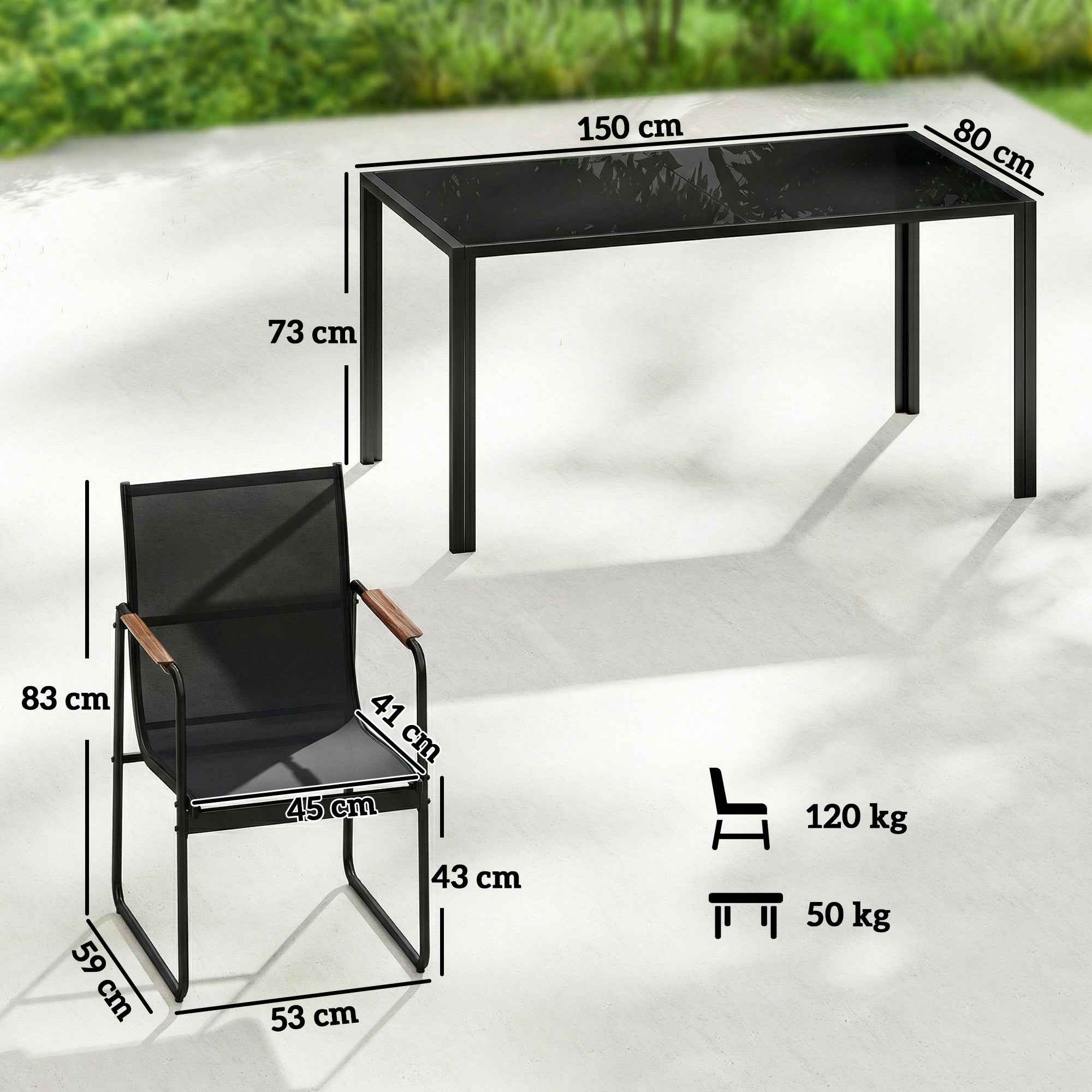 Outsunny Garden Table and 6 Chair Set with Steel and Glass Armrests, Black