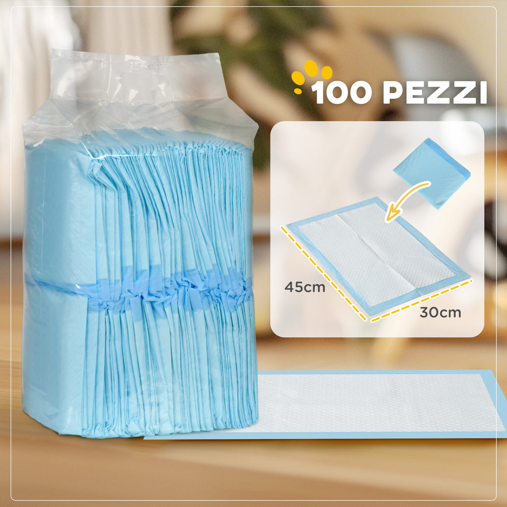 Set of 100 6-Layer Non-Woven, Paper, and PE Dog Toilet Pads, 45x30 cm, Blue and White