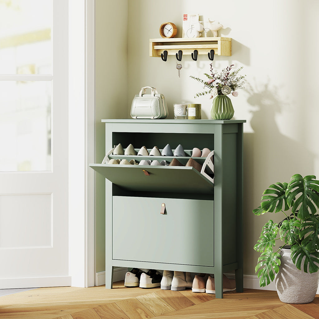 Slim Shoe Rack 2 Drawers for 14 Pairs of Shoes Size EU44 and Adjustable Shelves, 80x24x95.5cm, Green