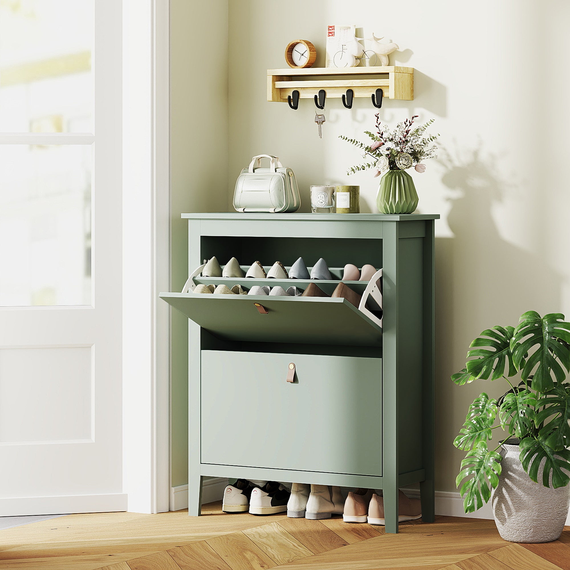 Slim Shoe Rack 2 Drawers for 14 Pairs of Shoes Size EU44 and Adjustable Shelves, 80x24x95.5cm, Green