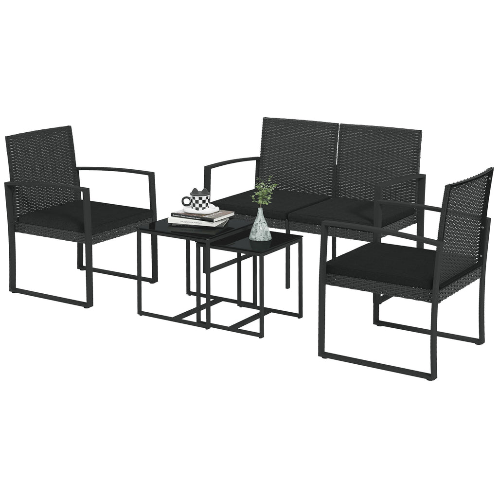 Outsunny garden set with 2 chairs, sofa and 2 tables with cushions and glass top, black - Borgè