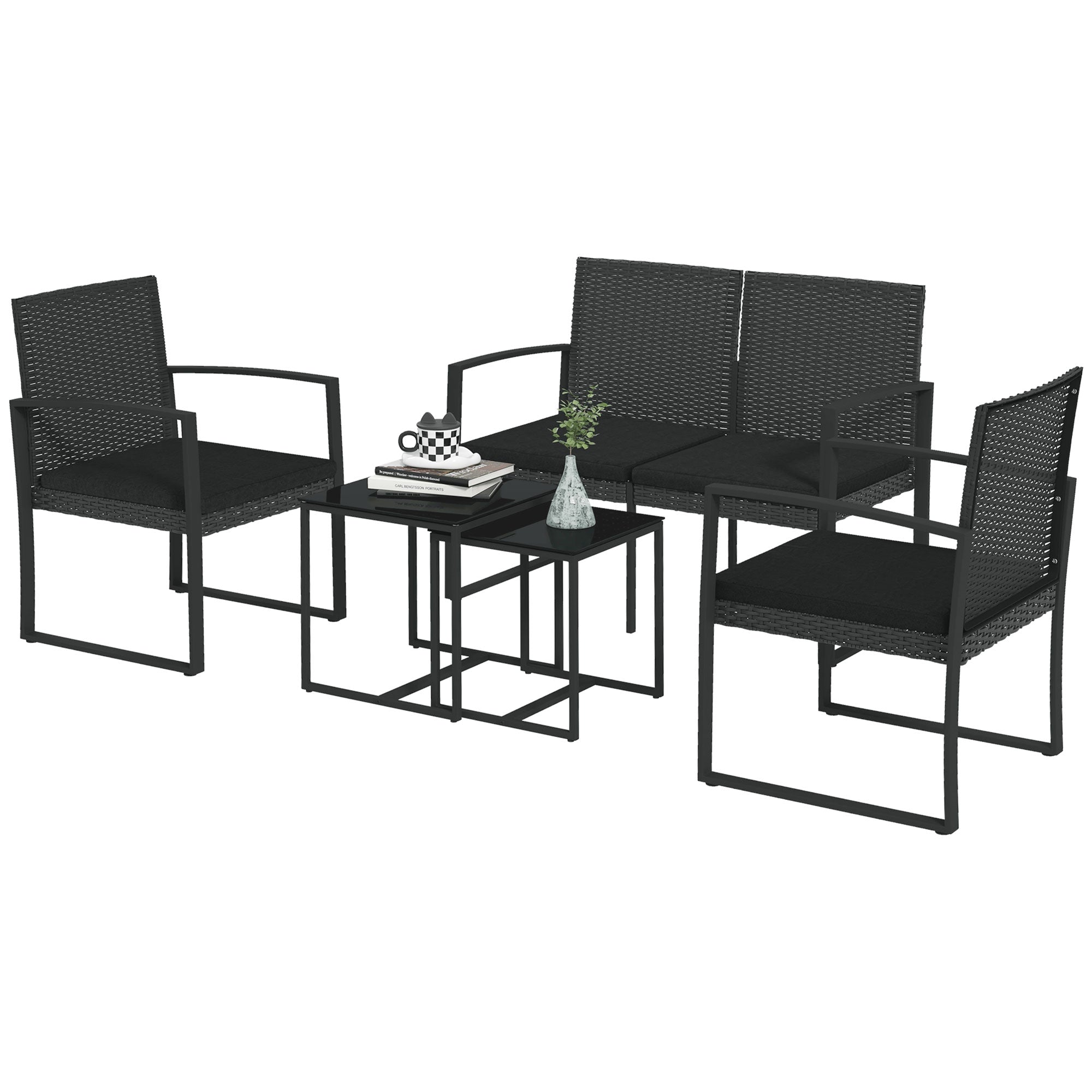 Outsunny garden set with 2 chairs, sofa and 2 tables with cushions and glass top, black - Borgè
