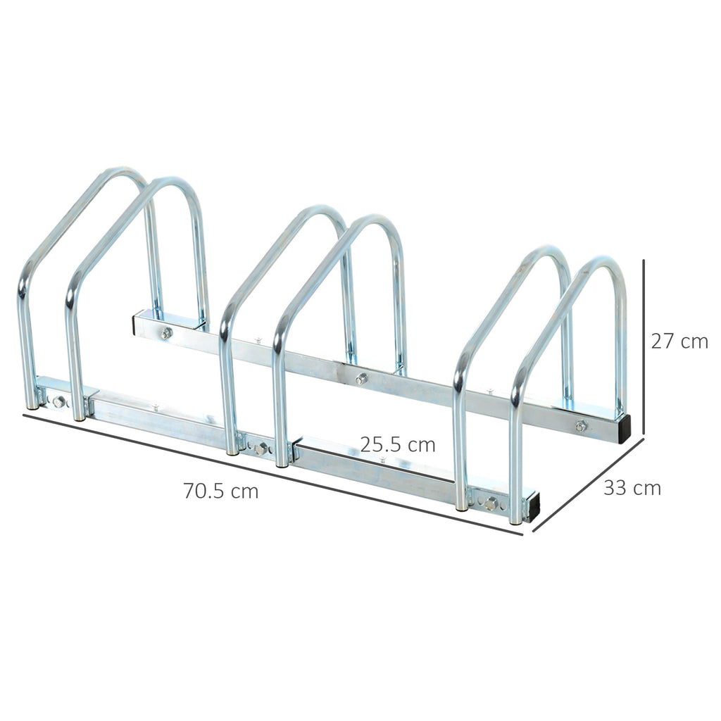 Floor or Wall Mounted Bike Rack, Steel Bike Storage for 3 Bikes, Wheels up to 55 mm, 70.5 x 33 x 27 cm, Silver
