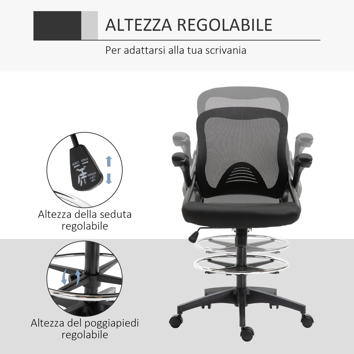 Breathable Height Adjustable Office Chair with Flip-Up Armrests, 64x60x106-126 cm, Black