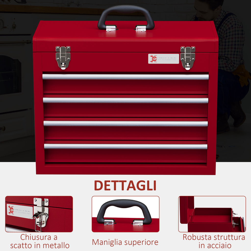 DURHAND Steel Tool Box with 4 Drawers, Double Locking Top Tray, 51x22x39.5 cm, Red