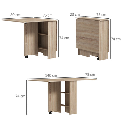 LEAF - Foldable Table with 2 Flaps for 6 People with Shelves and Integrated Wheels, Natural Wood