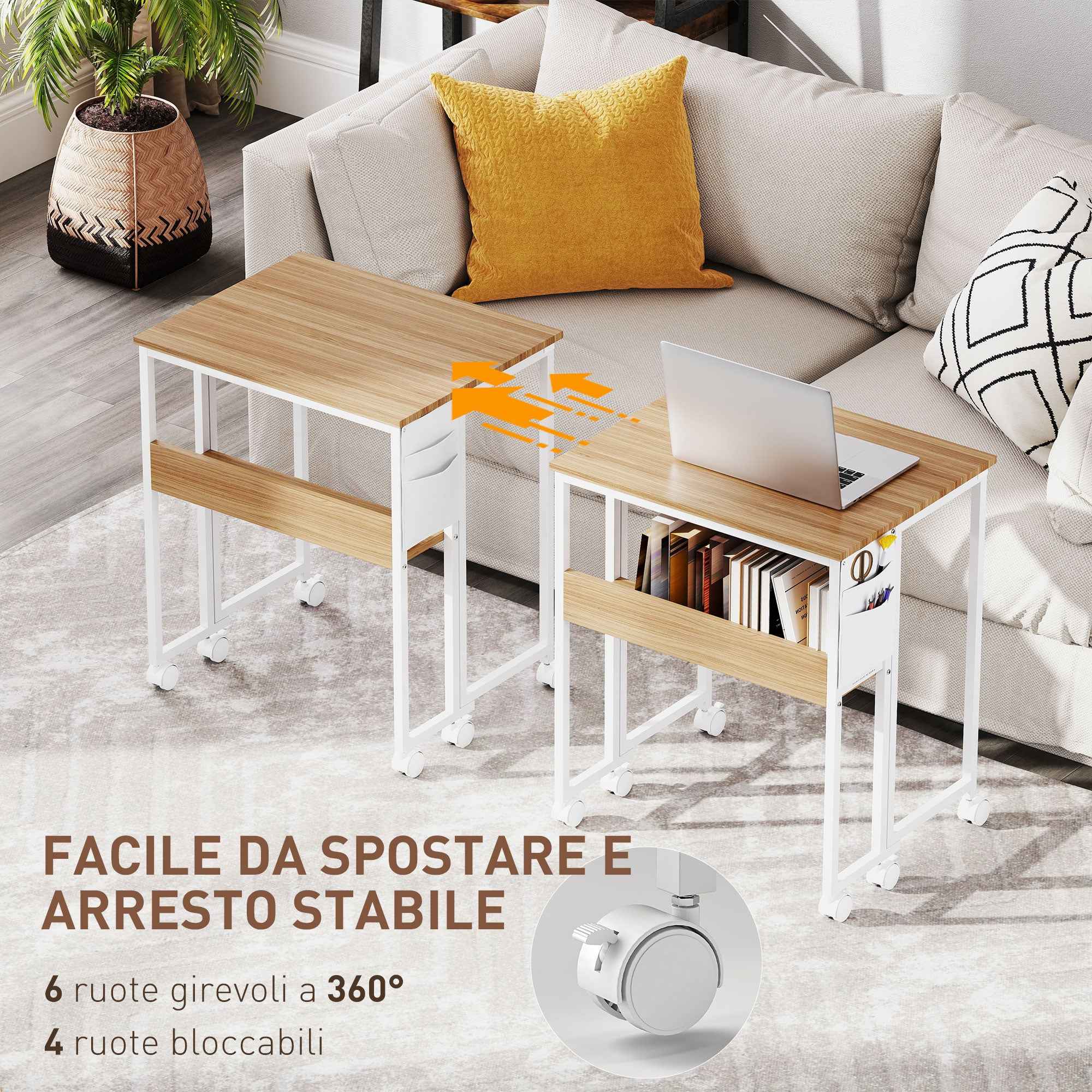 HOMCOM Space-Saving Folding Desk with Drop-Leaf Top, Storage Pocket, and Wheels, Natural Wood