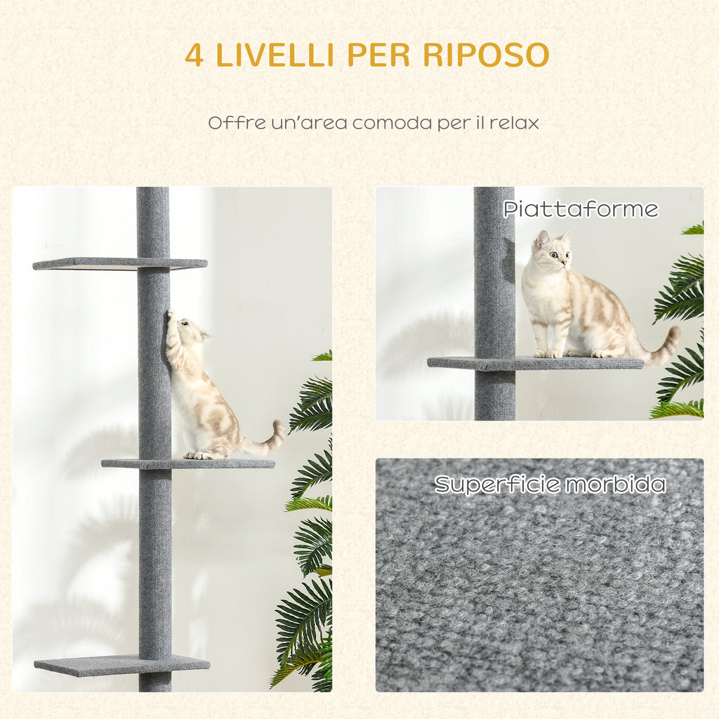 4-Tier Cat Scratching Tree with Adjustable Height, Grey, 43x27x228-260cm