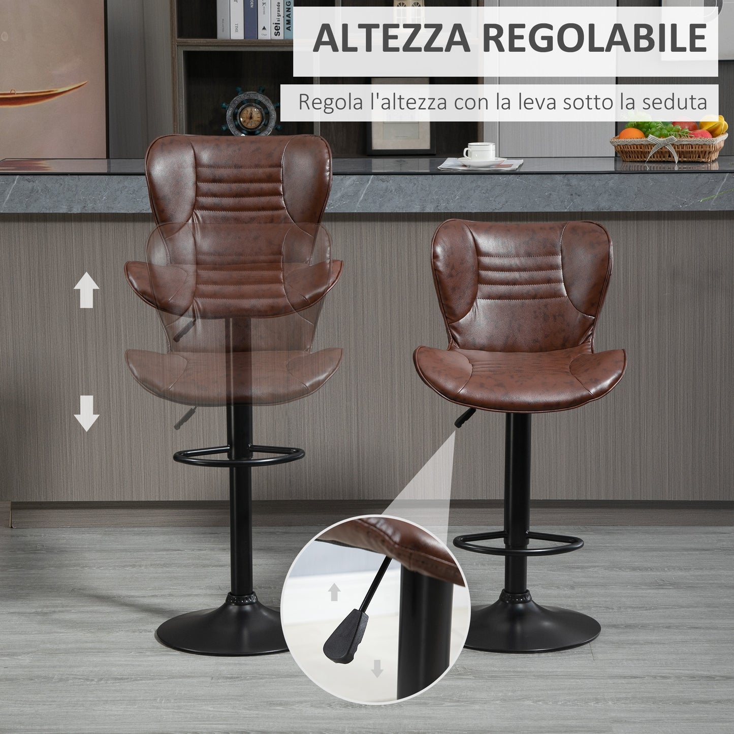 Set of 2 Faux Leather Bar Stools with Adjustable Height, Swivel Seat and Footrest, Brown