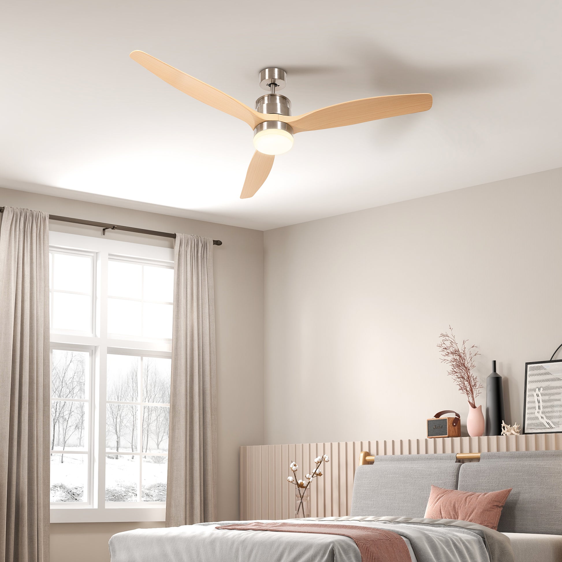 Modern Ceiling Fan with 6-Speed White LED Light and Timer, Metal and Acrylic Construction - Ø132 x 43 cm - Borgè