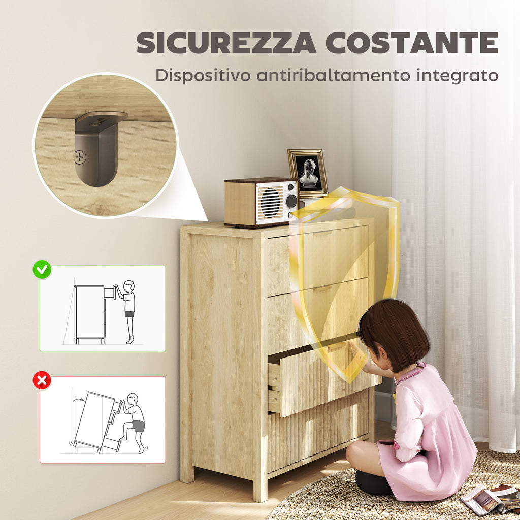 Chest of Drawers with 4 Grooved Drawers and Golden Handles, 70x38x93 cm, Natural Wood