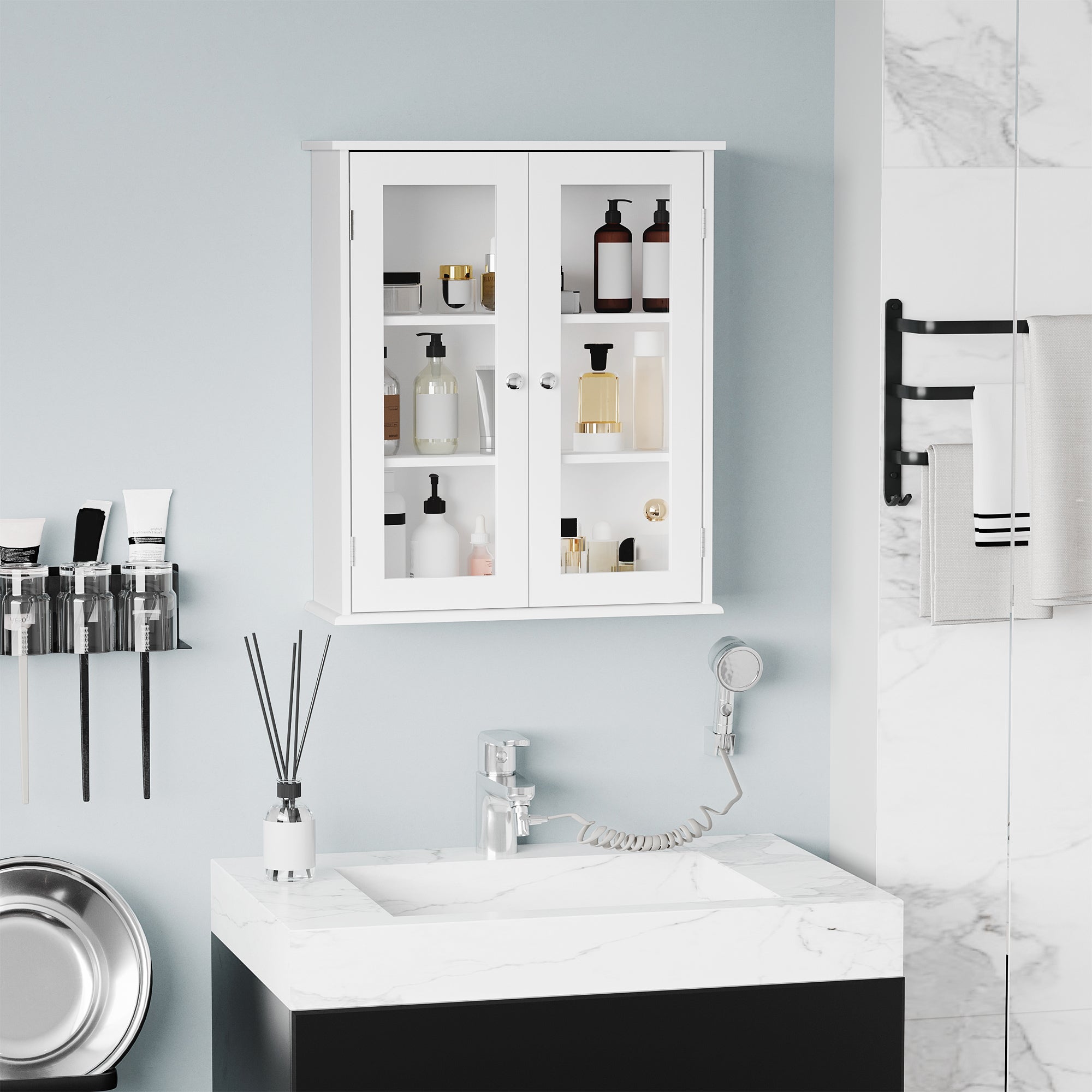 kleankin 2-Door Bathroom Wall Cabinet in Wood and Glass with Adjustable Shelf, 55x20x65 cm, White