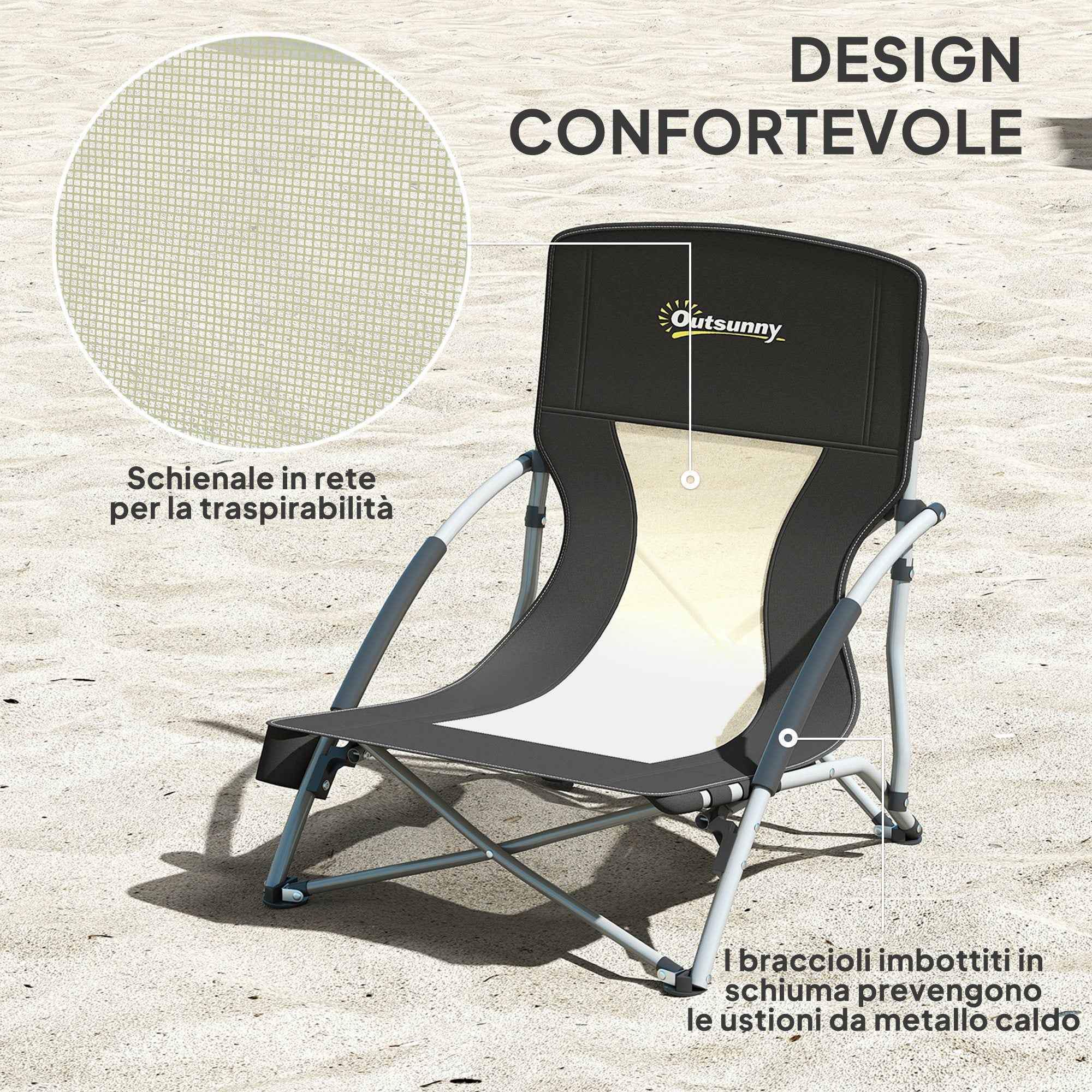 Outsunny Folding Beach Chair with Mesh Backrest and Cup Holder, Metal and Oxford Fabric, 58x55x62 cm, Black
