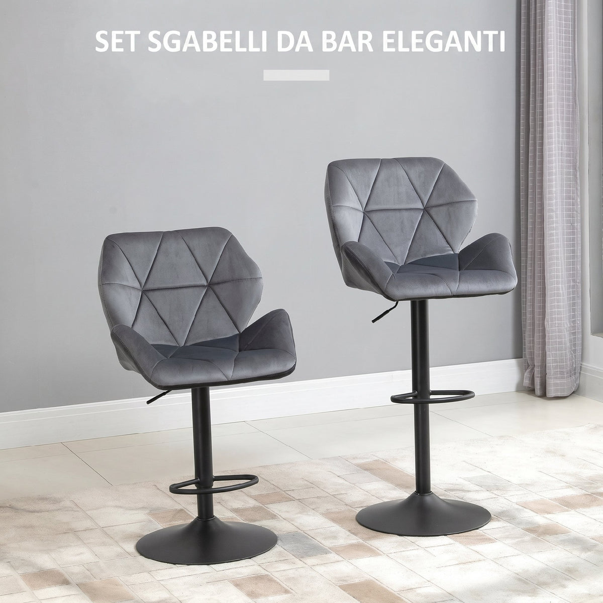 HOMCOM Set of 2 Velvet Bar Stools with Adjustable Height, Swivel Kitchen Stools with Backrest and Footrest, Grey