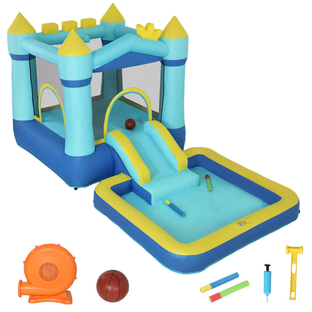 4-in-1 Inflatable Castle for Kids, Slide, Trampoline, Ball Pool/Water Playground, Basketball Hoop, Ages 3-8, Blue