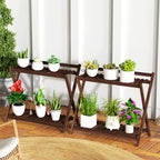 Set of 2 2-Tier Plant Holders with Slatted Design in Fir Wood, 73x36x64 cm, Burnt Brown
