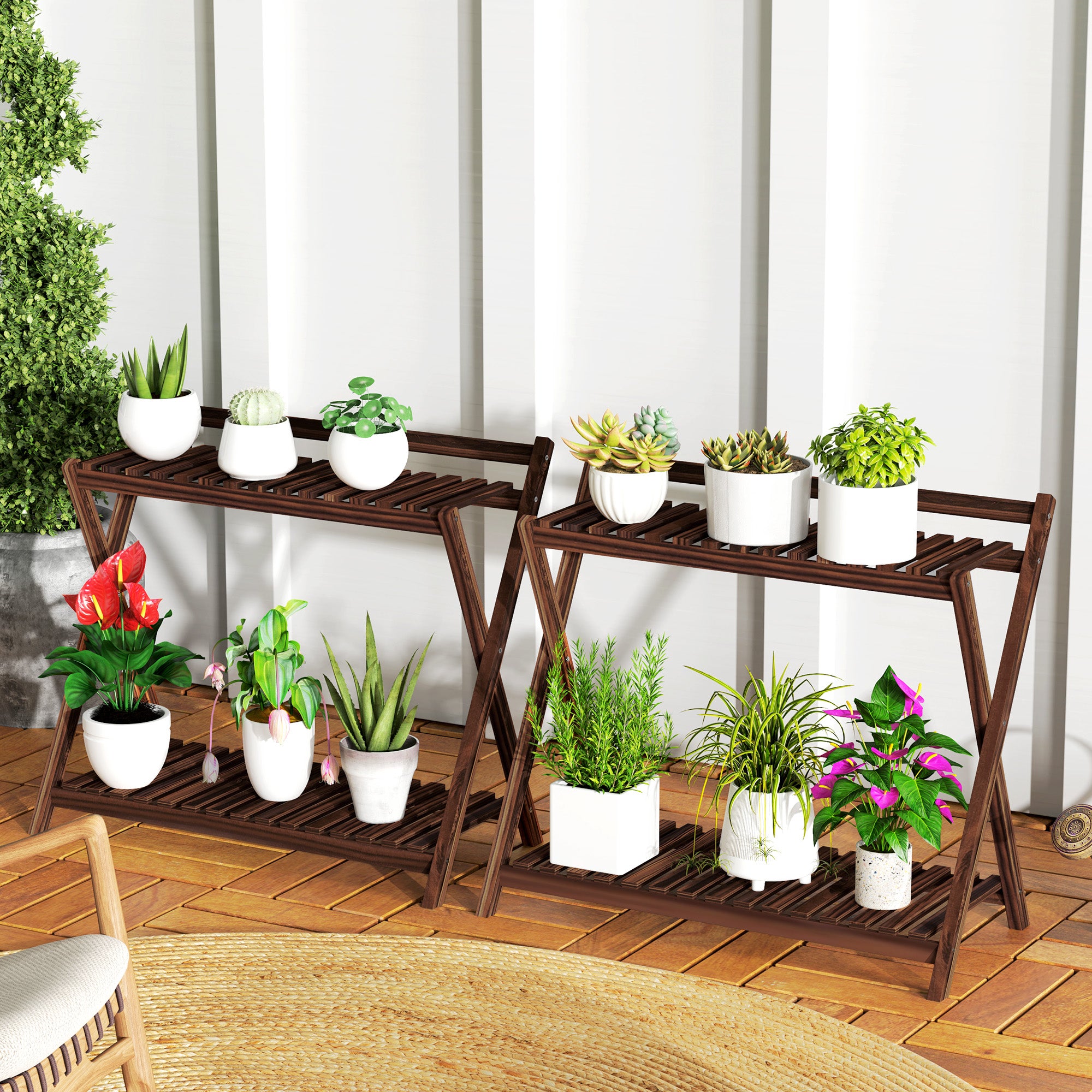 Set of 2 2-Tier Plant Holders with Slatted Design in Fir Wood, 73x36x64 cm, Burnt Brown