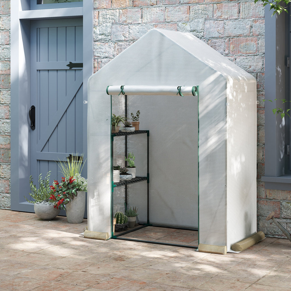Outsunny Outdoor Garden Greenhouse in PE and Steel with 2 Shelves and Roll-Up Door, 143x73x195 cm, White