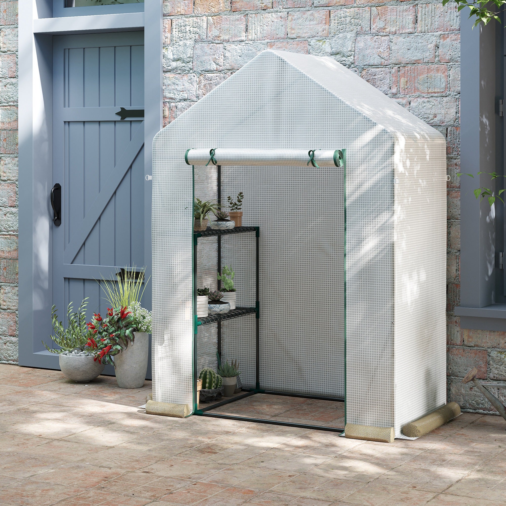 Outsunny Outdoor Garden Greenhouse in PE and Steel with 2 Shelves and Roll-Up Door, 143x73x195 cm, White