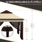 Outsunny Gazebo 3x3 adjustable on 3 levels with removable walls, in steel and Oxford fabric, coffee color and beige - Borgè