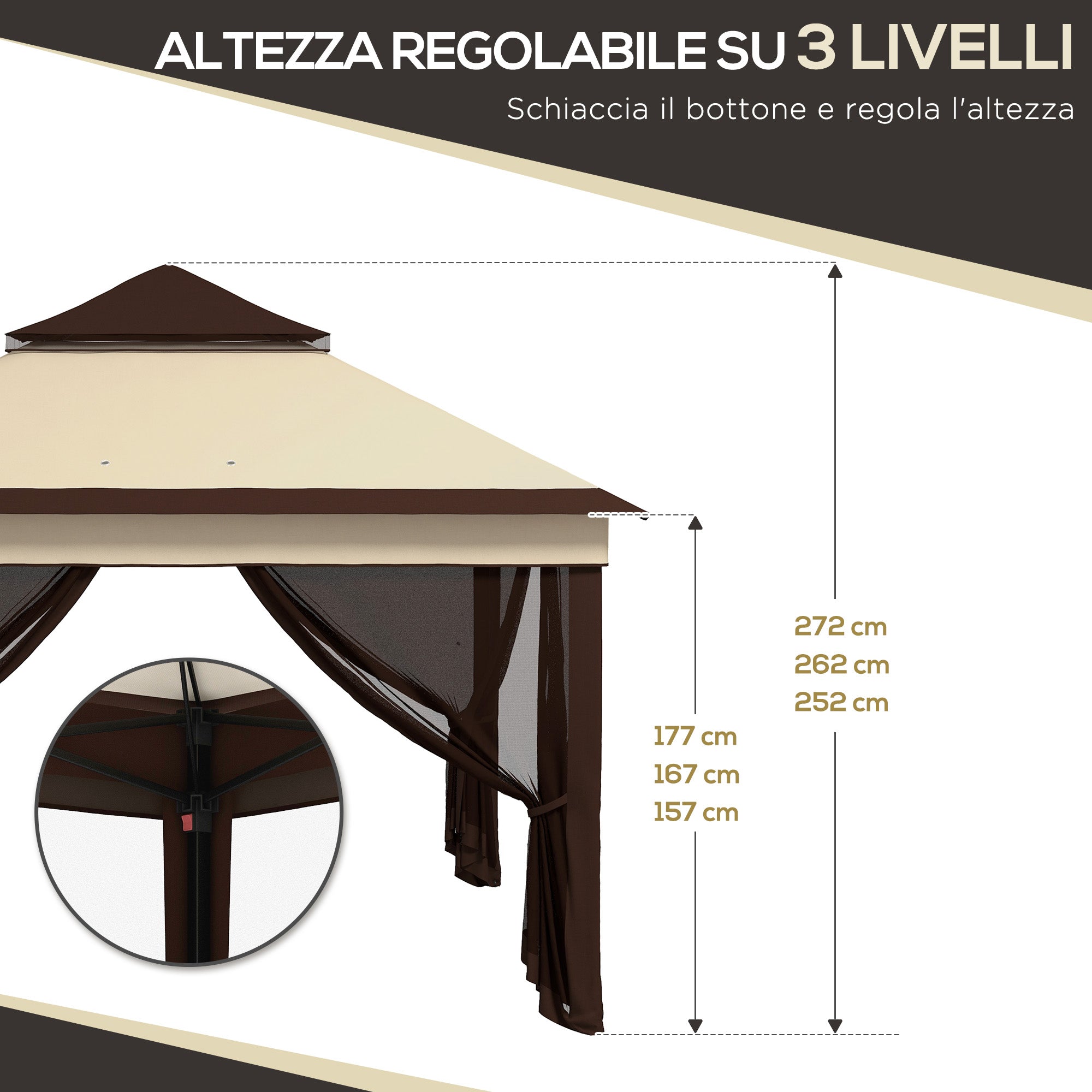 Outsunny Gazebo 3x3 adjustable on 3 levels with removable walls, in steel and Oxford fabric, coffee color and beige - Borgè