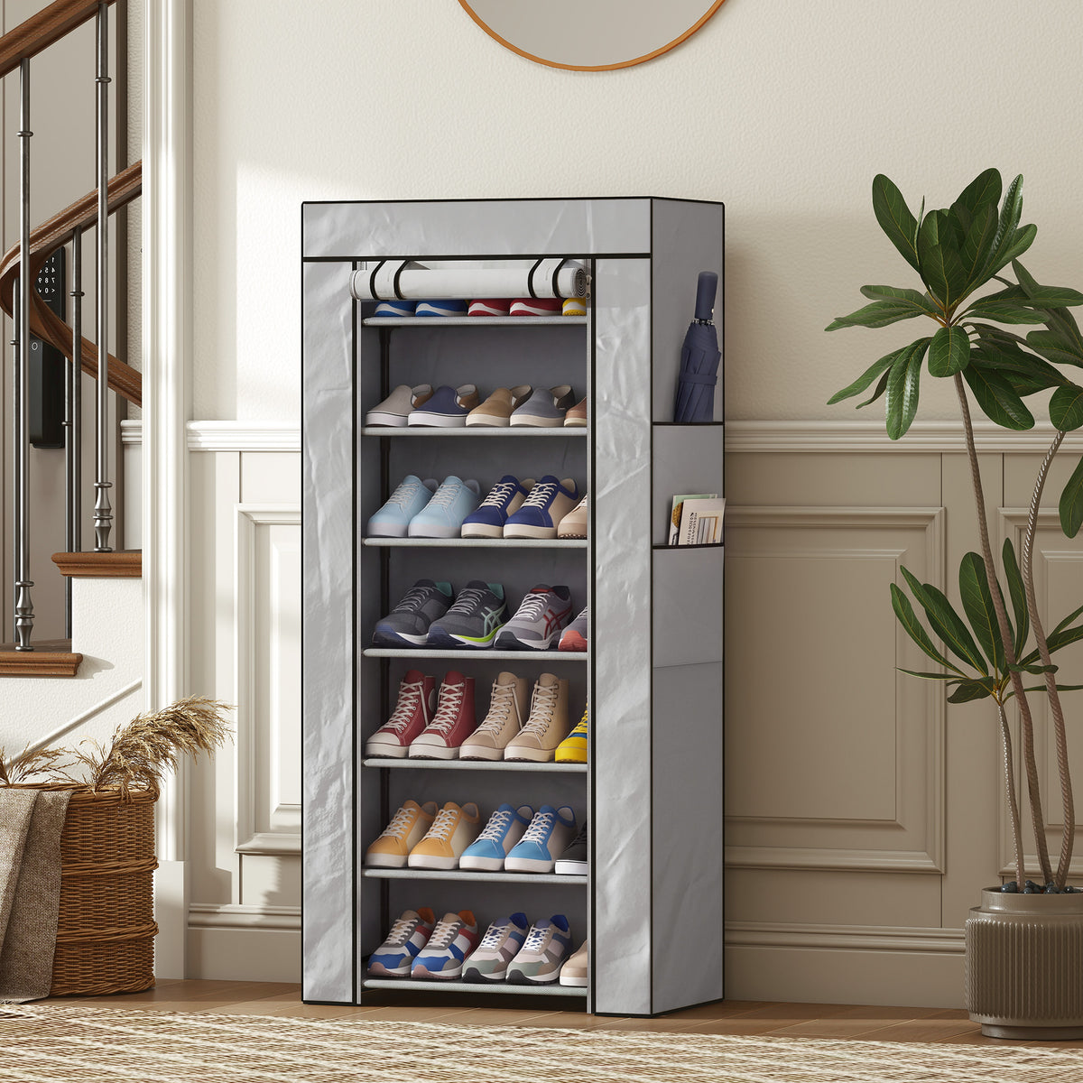 HOMCOM 7-Tier Steel Shoe Rack with TNT Cover, 60 x 30 x 126 cm, Grey