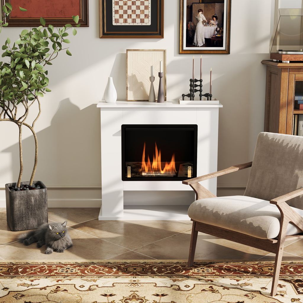 Bioethanol Fireplace 0.9L with Bottom Shelf, Stainless Steel and Tempered Glass, 86x30x82 cm, White