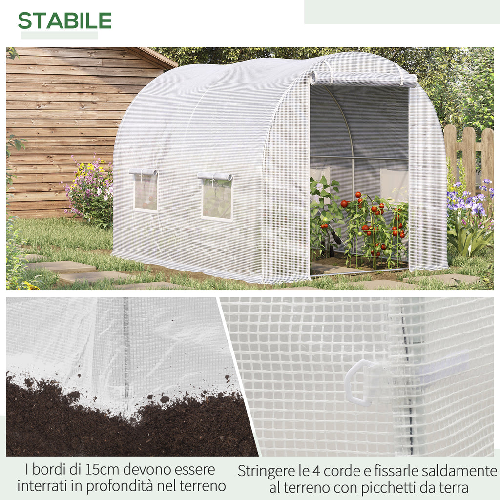 Tunnel Greenhouse with 4 Windows and Zip Entrance in Galvanized Steel and PE, 3x2x1.9 m, White