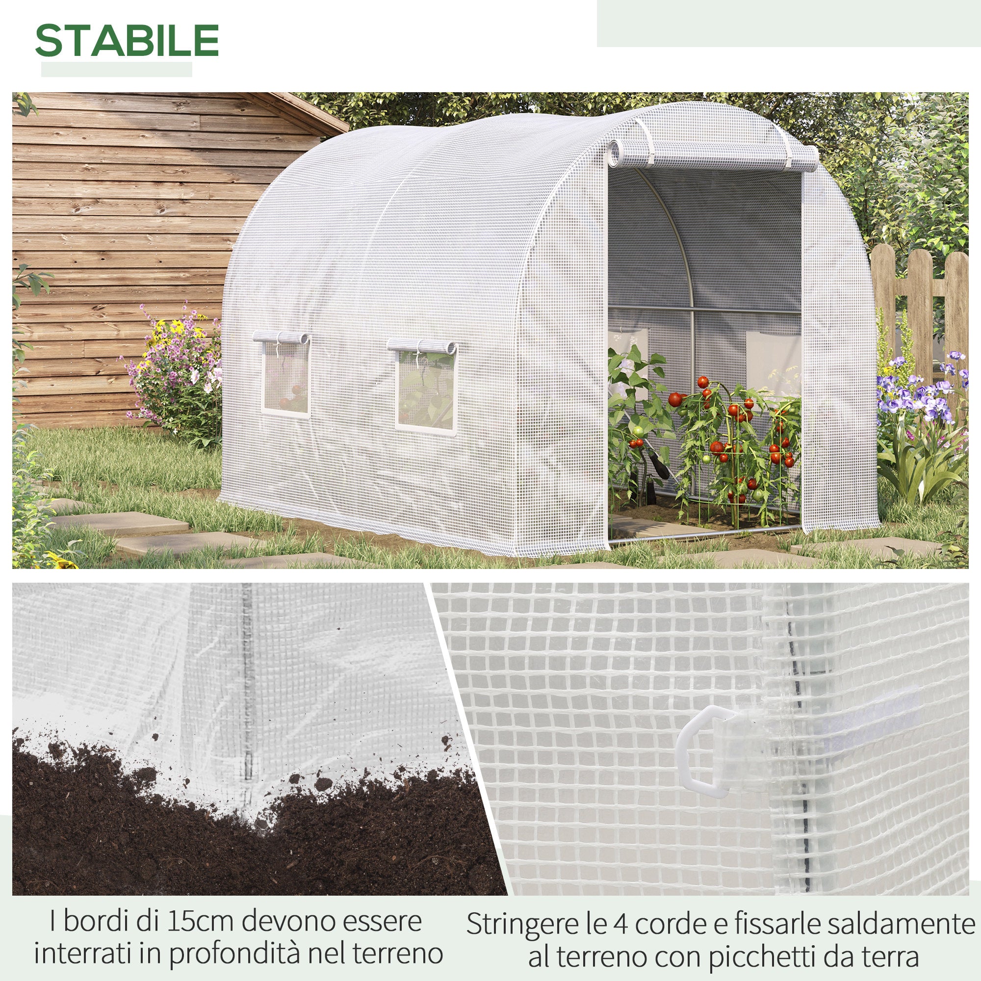 Tunnel Greenhouse with 4 Windows and Zip Entrance in Galvanized Steel and PE, 3x2x1.9 m, White