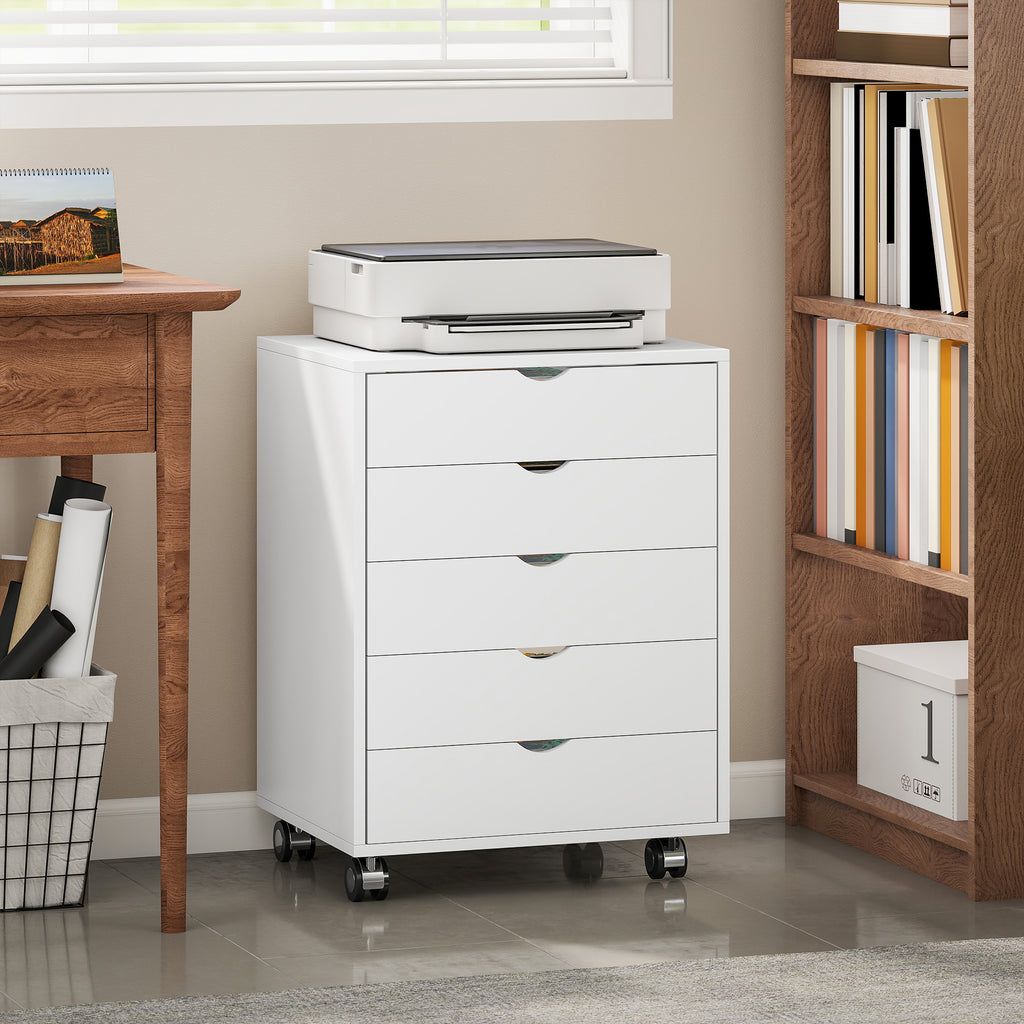 Office Drawer Cabinet with 5 A3 Document Drawers, Wheels and Lock, 50x40x67.5 cm, White