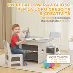 Children's Table and Chair Set for 3-8 Years Old with 6 Drawers and Rounded Edges, in Wood and Fabric, Grey and White