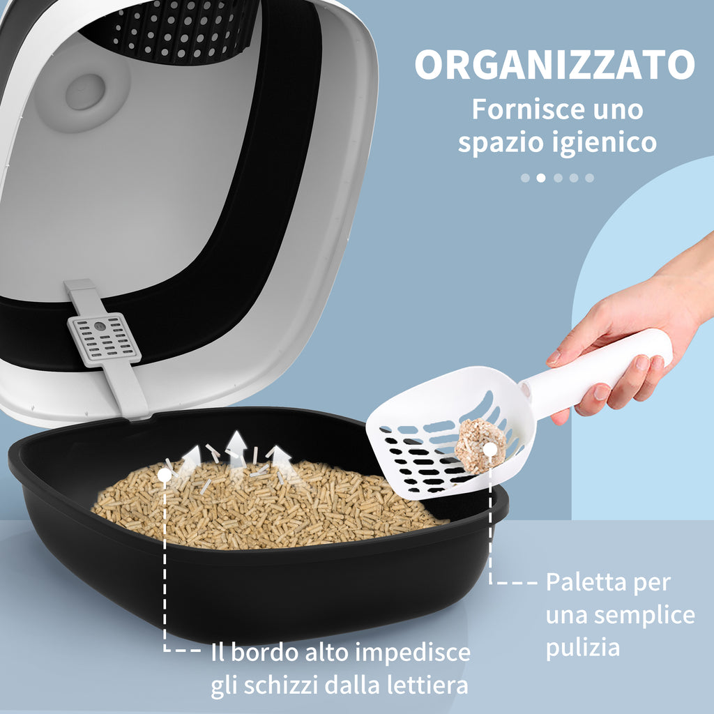 Cat Litter Box with Lid, Scoop and Deodorizer, Foldable Design, 52x41x38 cm, White and Black