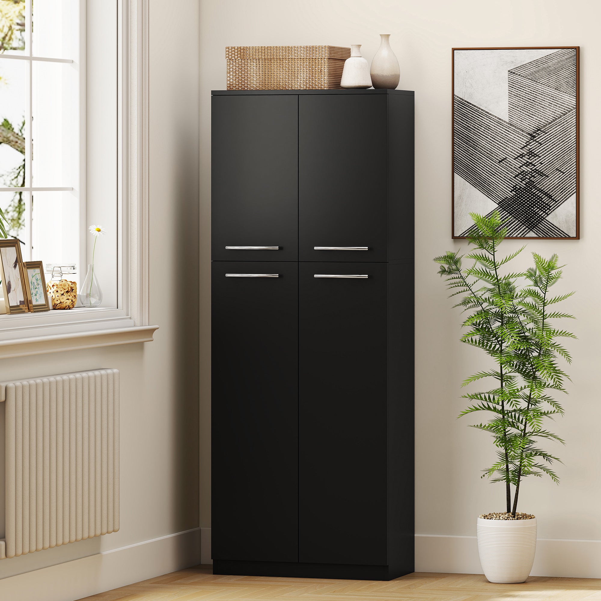 Minimal Storage Unit with 2 Cabinets and Adjustable Shelves, Black Wood, 59x31x155 cm