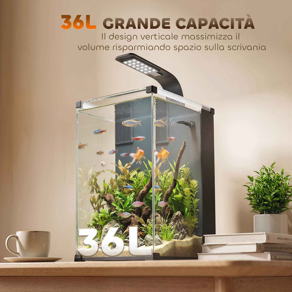 PawHut 36L Aquarium with Integrated Filter, 30 x 30 x 45.5 cm, Black