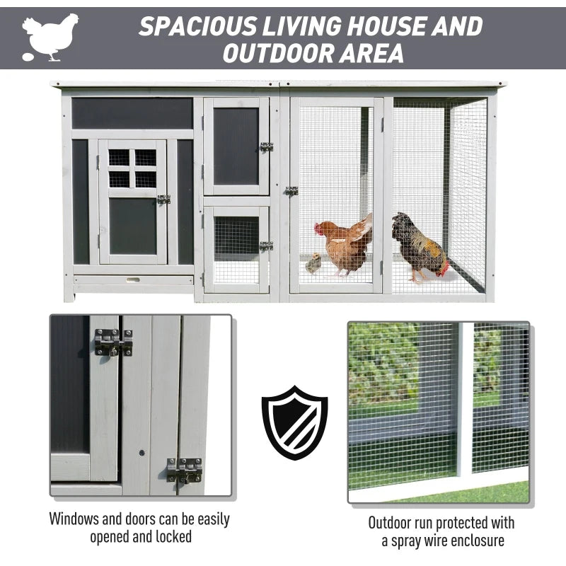 Wood Chicken Coop Hutch Hen House Cage PC Roof w/ Run Nest Box Deluxe 160 x 75 x 80 cm, Grey and white - Borge' Group Limited
