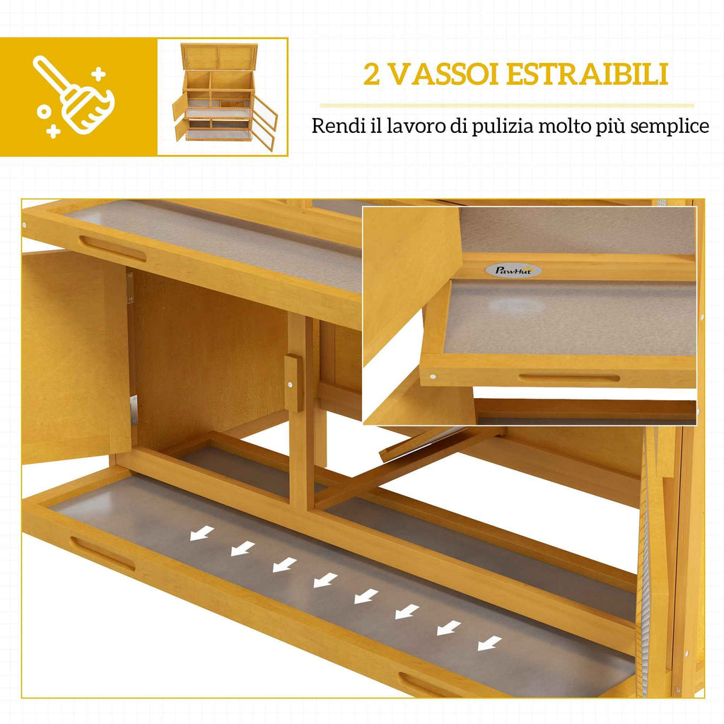 PawHut 2-Tier Rabbit Hutch in Fir Wood and Tar with Ramp, 2 Removable Trays, 4 Doors, 97x44x91 cm, Yellow