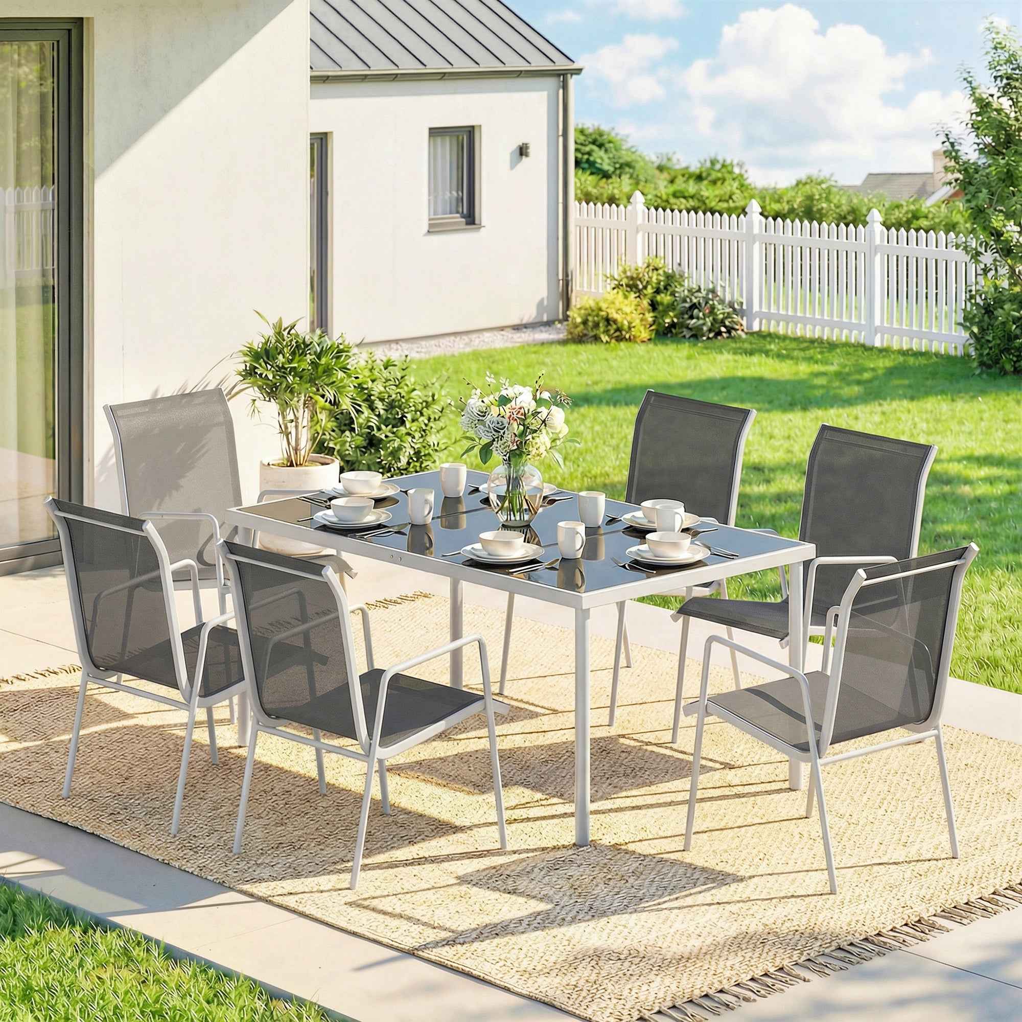 Outsunny 7-Piece Garden Set: Rectangular Table and 6 Stackable Chairs
