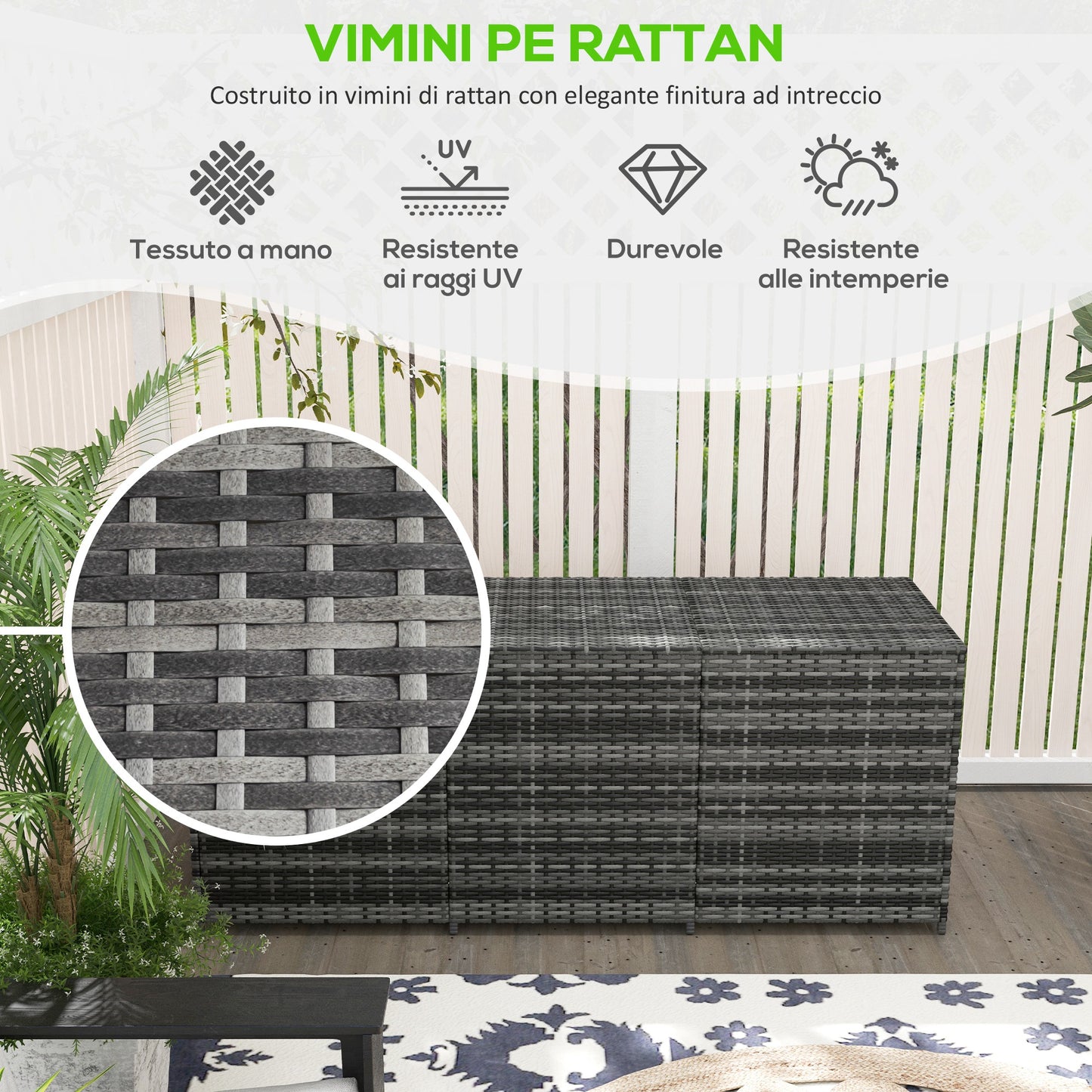 Outsunny Raised Storage Bench with Internal Lining, in Steel and Rattan, 180x60x73 cm, Gray and Cream - Borgè