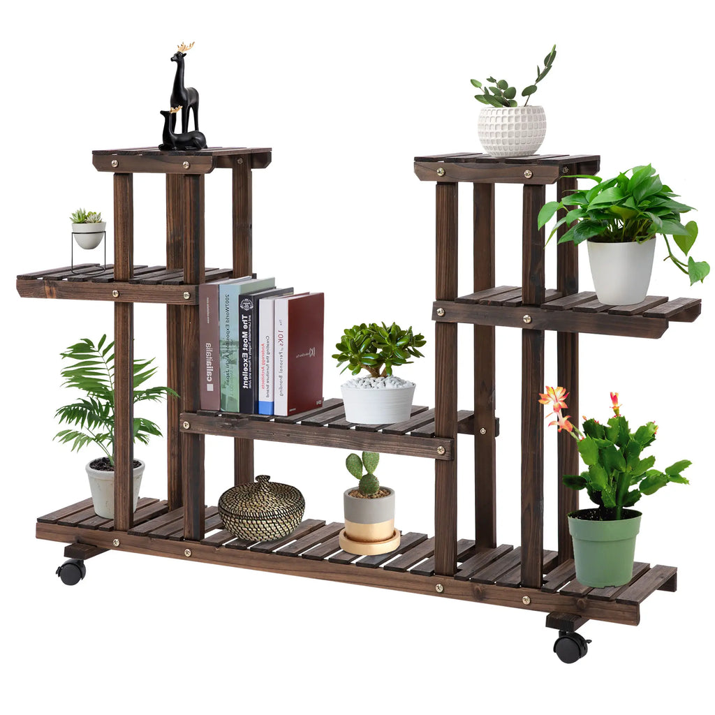 4-Tier Flower Rack, Indoor and Outdoor Wooden Planter with 4 Wheels, 123.5 x 33 x 80cm - Borge' Group Limited