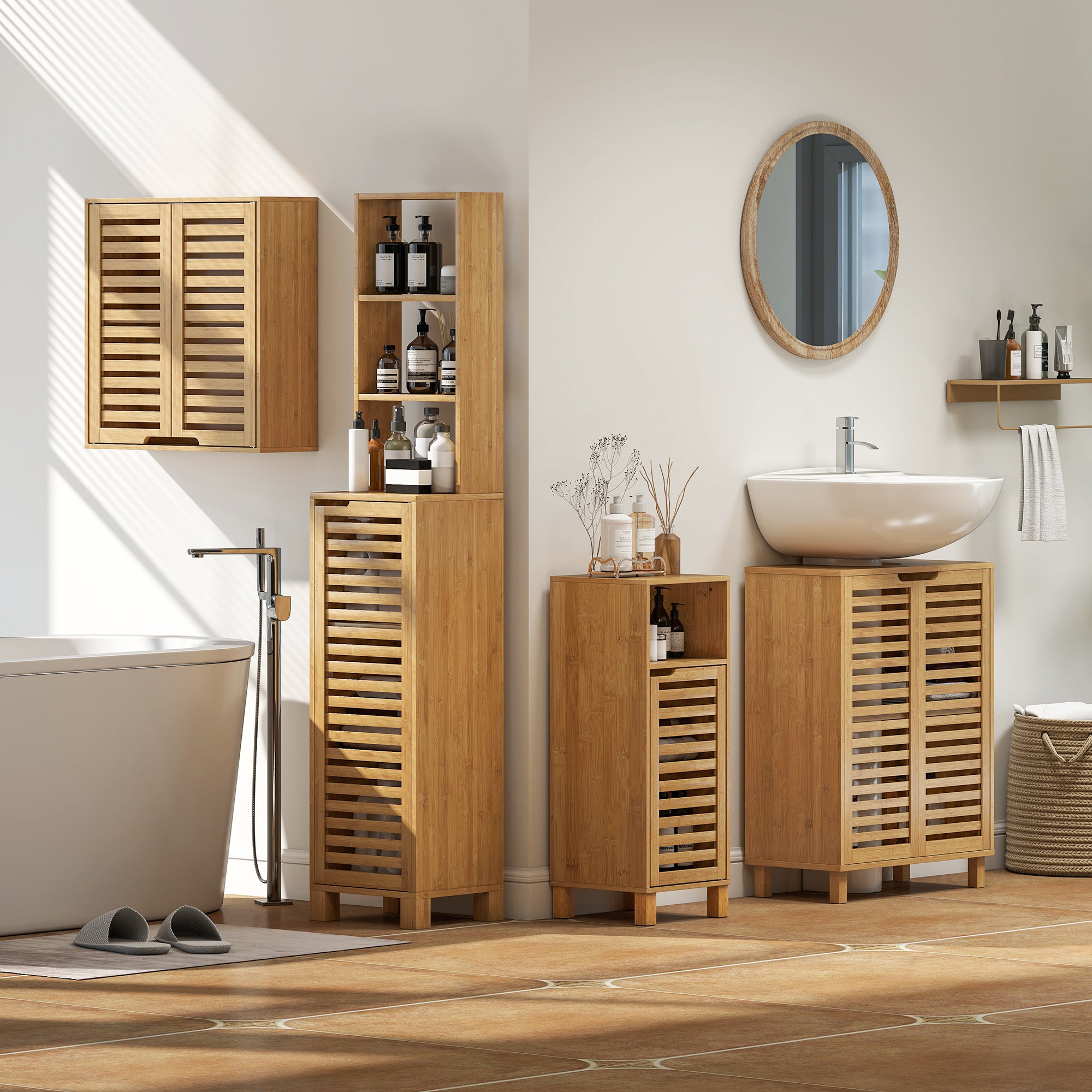 Bathroom Cabinet with Adjustable Internal Shelf and Shutter Doors, Bamboo, 60x20x60 cm, Wood Color