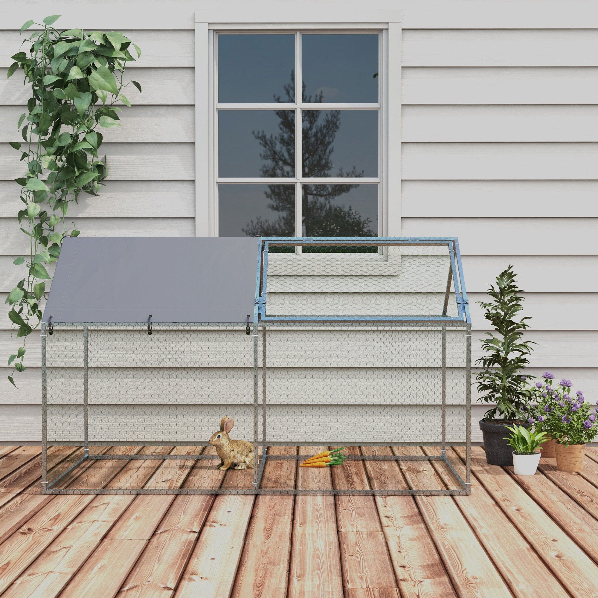 Steel Pet Cage with Oxford Fabric Roof and Stakes, 198x100x120 cm, Green and Silver