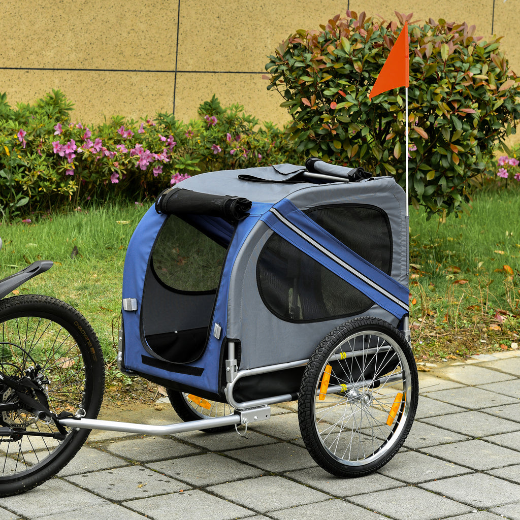 Pawhut bicycle trailer for dogs and cats 2 large 50cm wheels good ventilation flag safety flag resistant to blue and gray rail steel and oxford fabric - Borgè