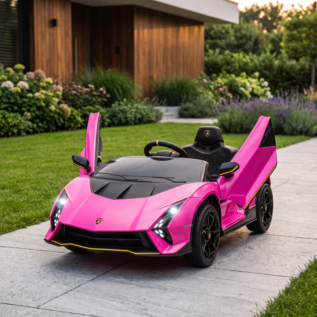 AIYAPLAY Electric Ride-On Car for Kids 3-6 Years Old, 12V Authentic Lamborghini with 2 Motors, Scissor Door, Suspension, Pink