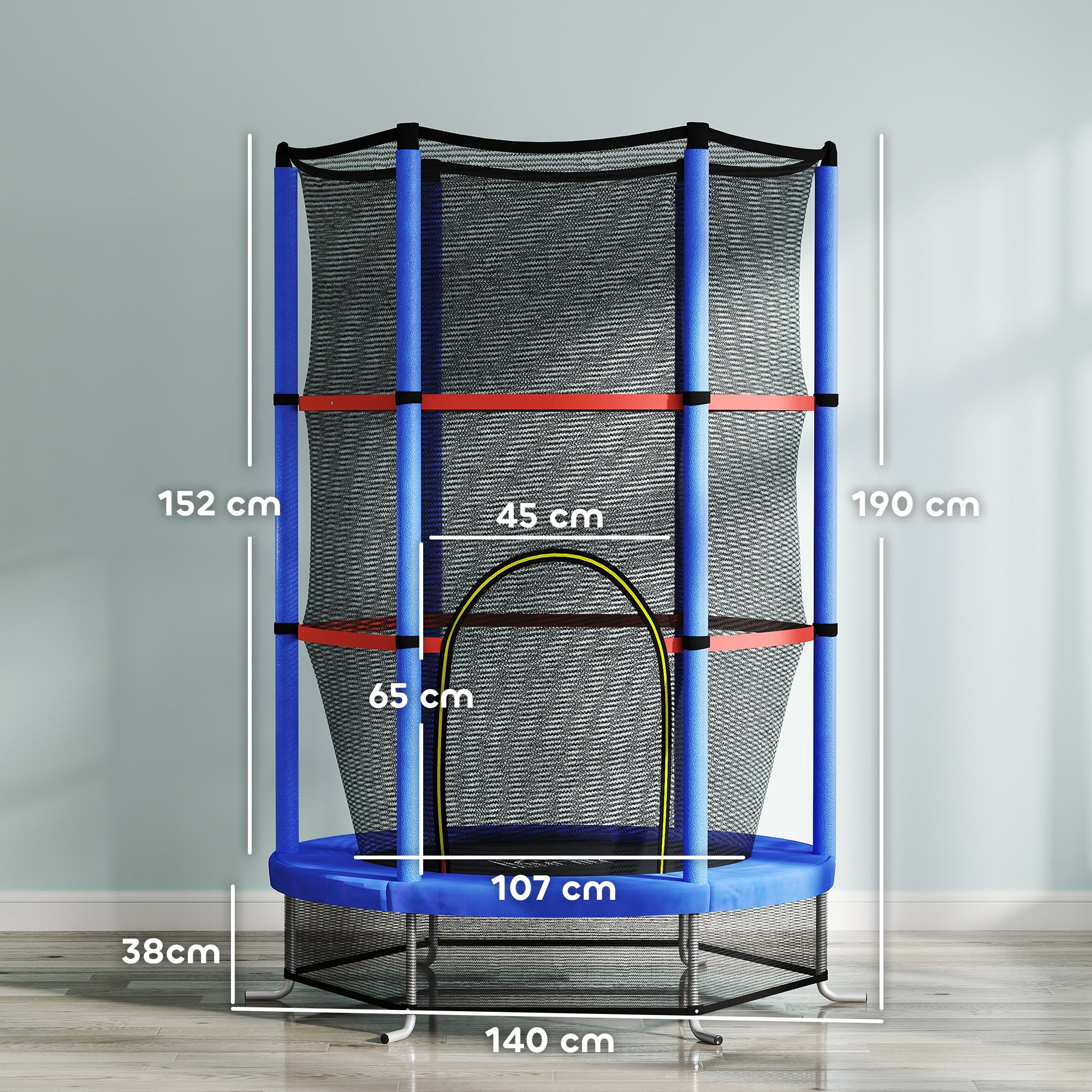 Trampoline for Children 3-6 Years with Safety Net, 6 Columns and 3 Entrances, Ø140x190 cm, Blue and Black