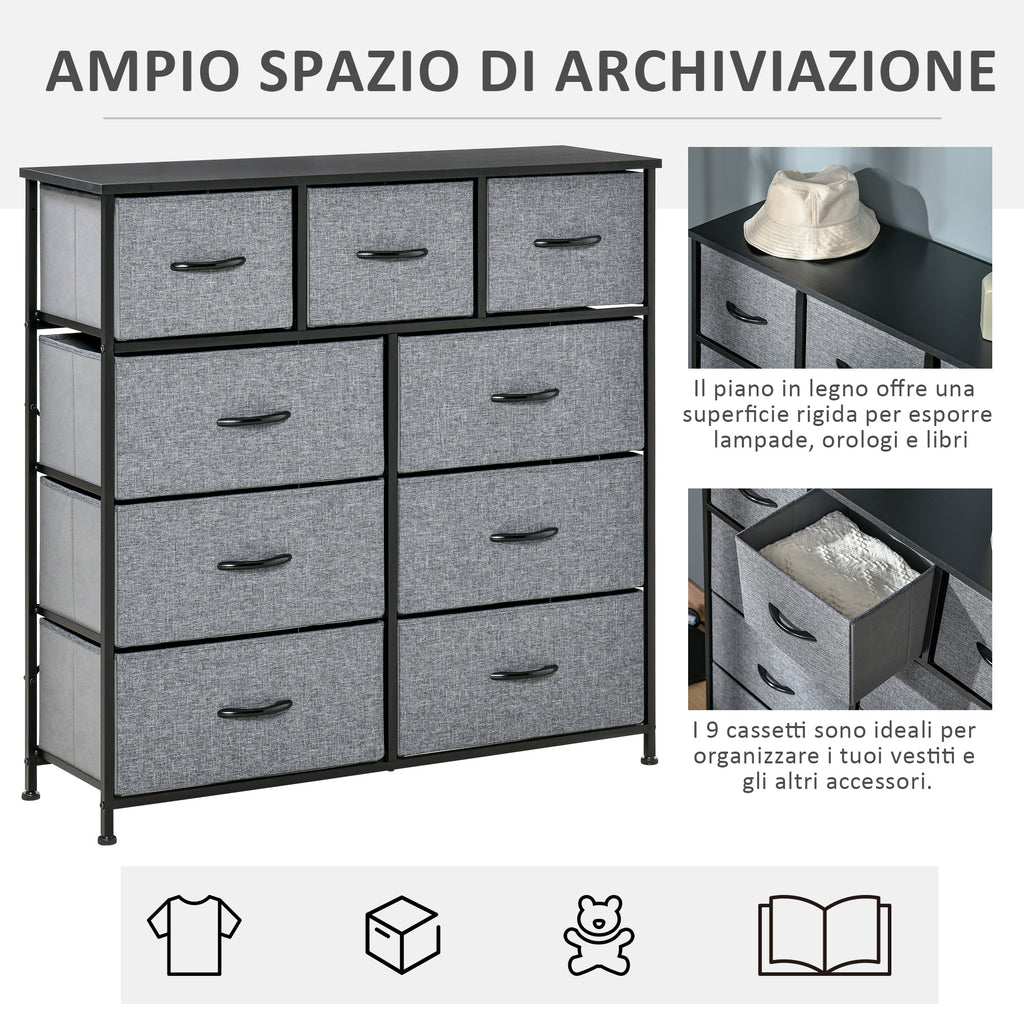 Chest of Drawers with 9 Folding Fabric Drawers and Steel and Wood Frame, 100x30x100cm, Black and Grey