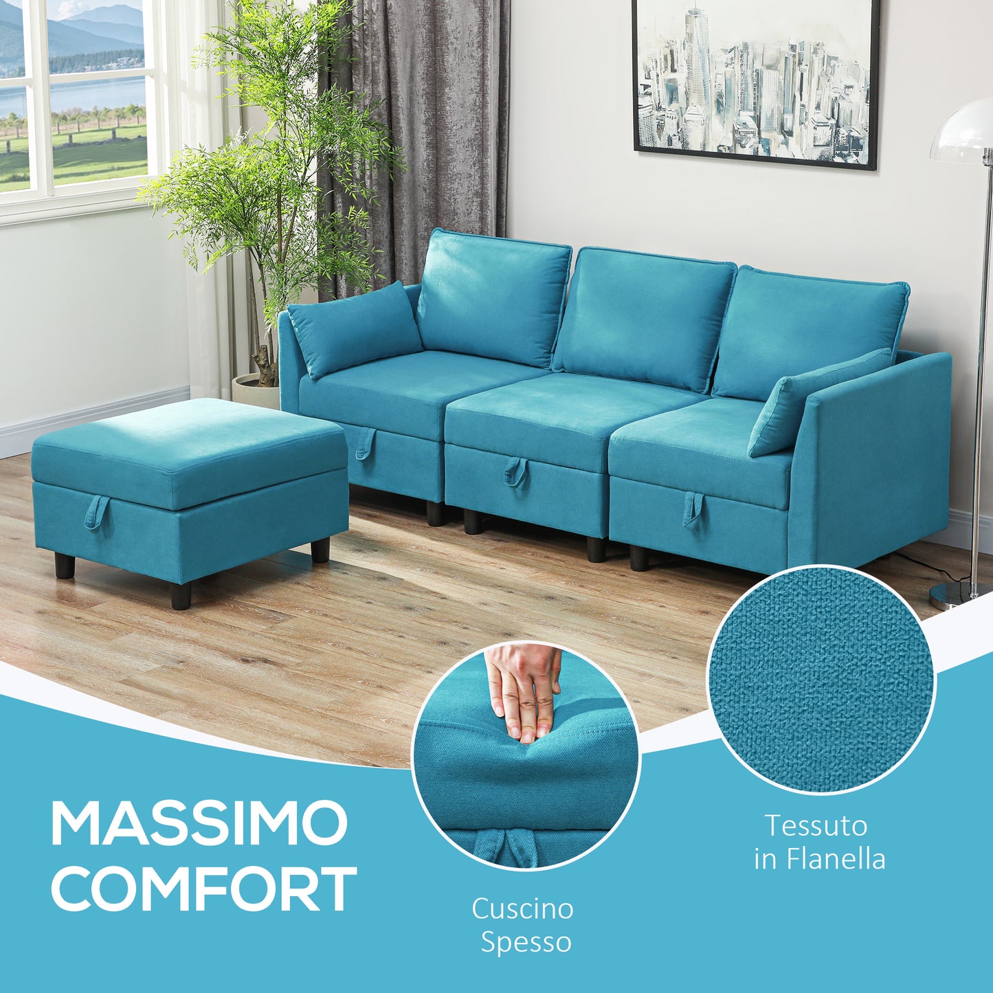 Modern 3 Seater Modular Sectional Sofa with Footrest and Cushions, Flannel Upholstery, Blue